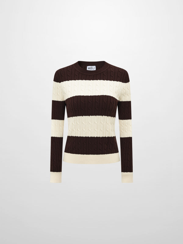 Wide Stripe Cable Knit Sweater - Cream/Brown