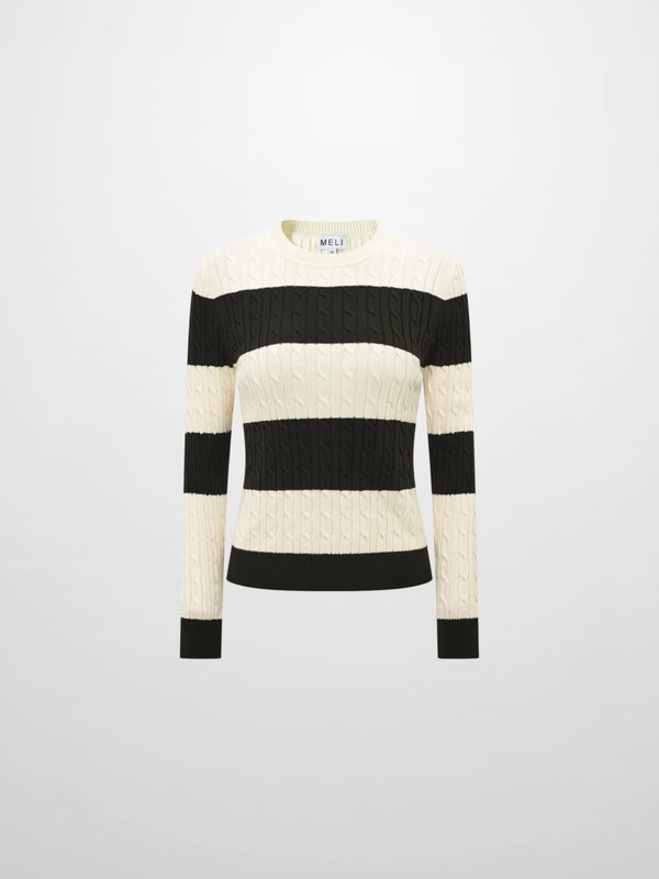 Wide Stripe Cable Knit Sweater - Green/Cream