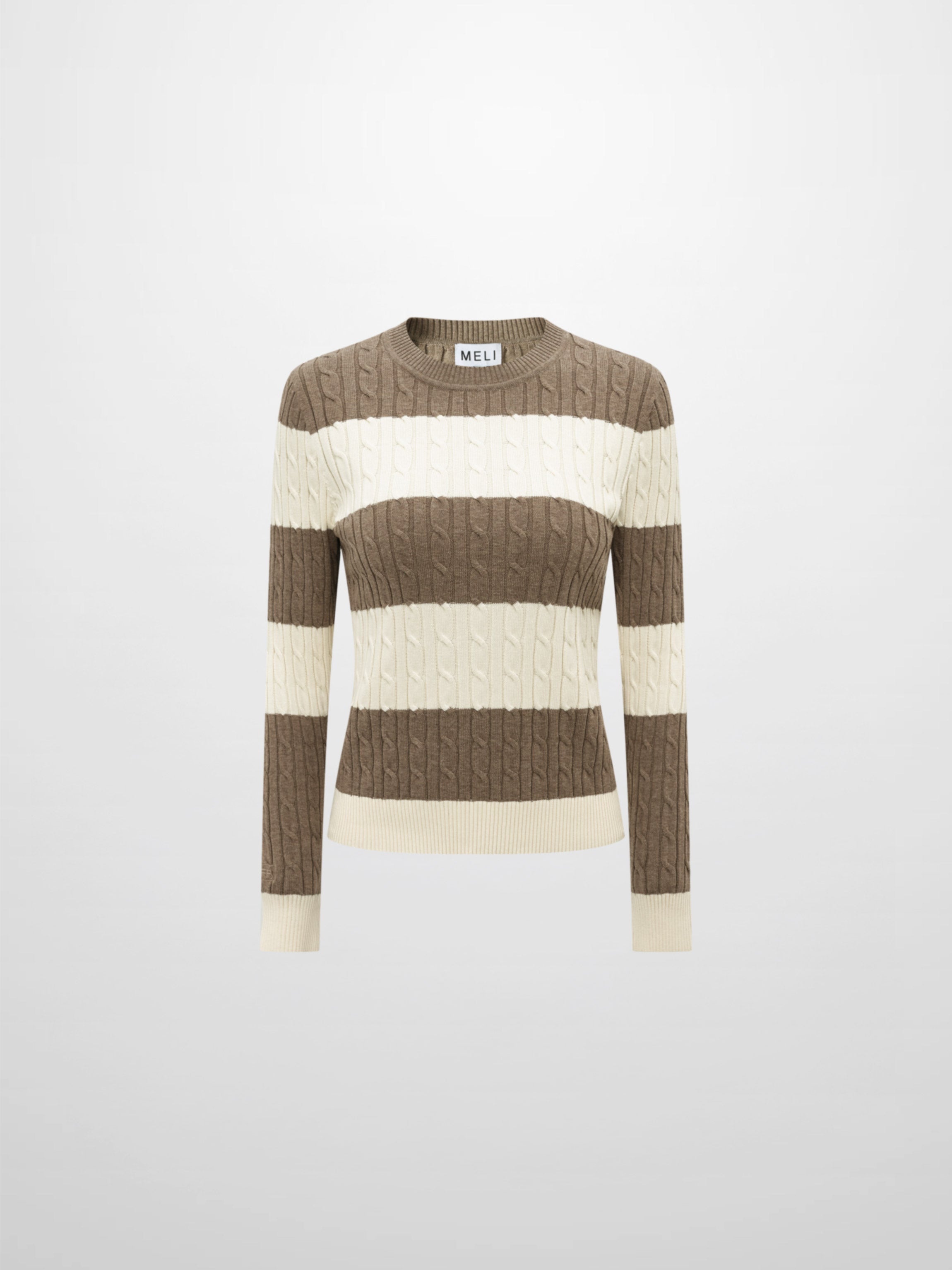 Wide Stripe Cable Knit Sweater - Cream/Heathered Tan