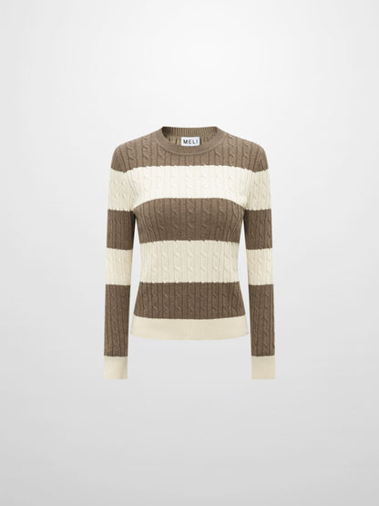 Wide Stripe Cable Knit Sweater - Cream/Heathered Tan