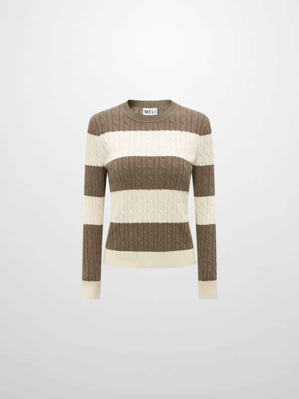 Wide Stripe Cable Knit Sweater - Cream/Heathered Tan