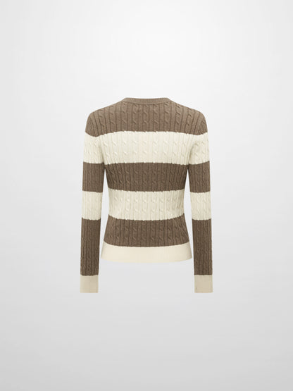 Wide Stripe Cable Knit Sweater - Cream/Heathered Tan