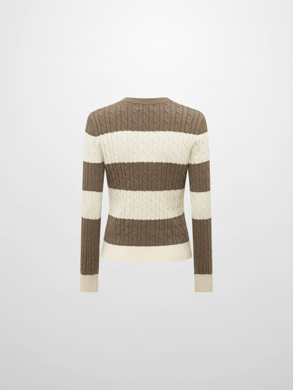 Wide Stripe Cable Knit Sweater - Cream/Heathered Tan