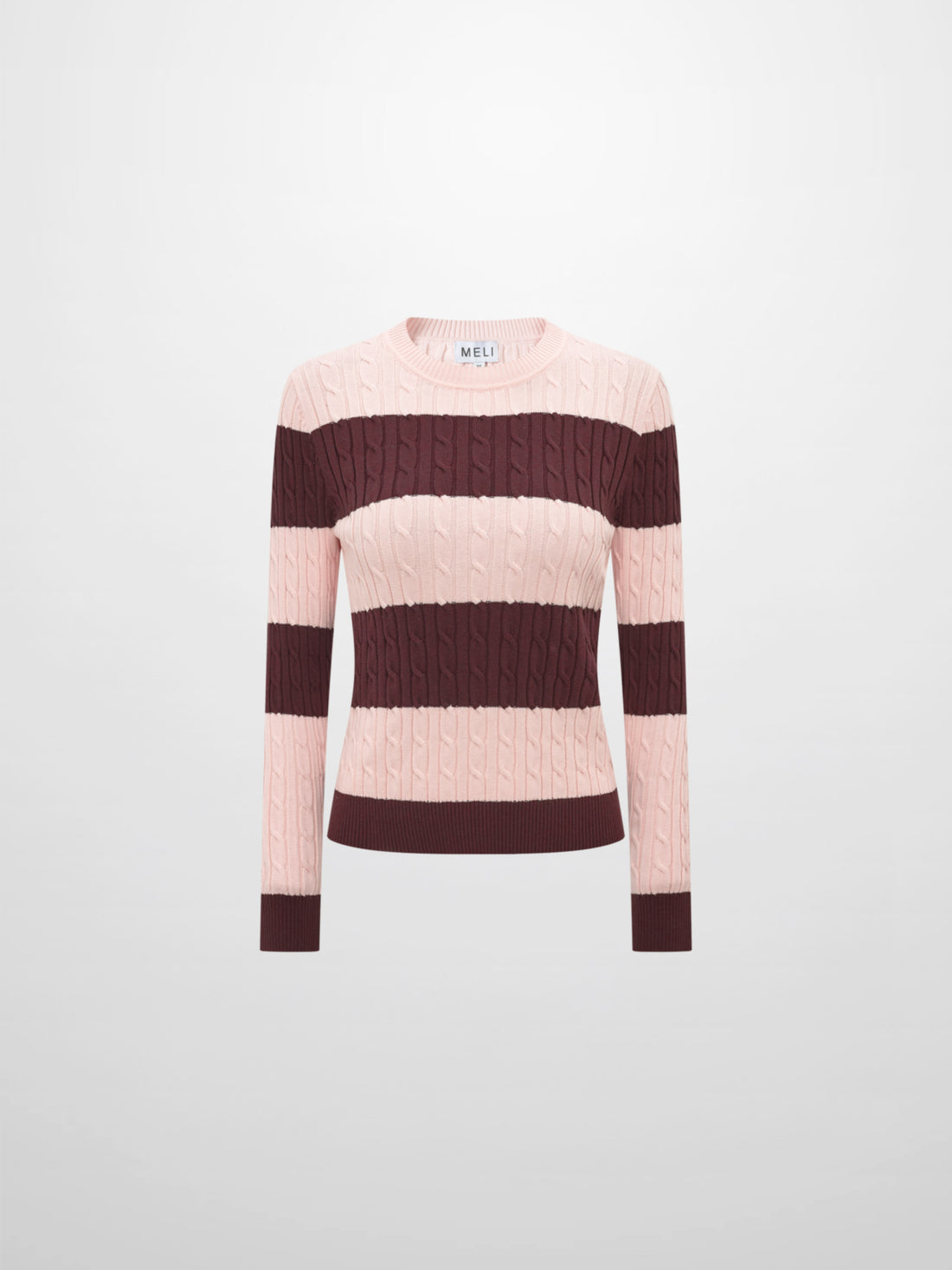 Wide Stripe Cable Knit Sweater -  Burgundy/Pink