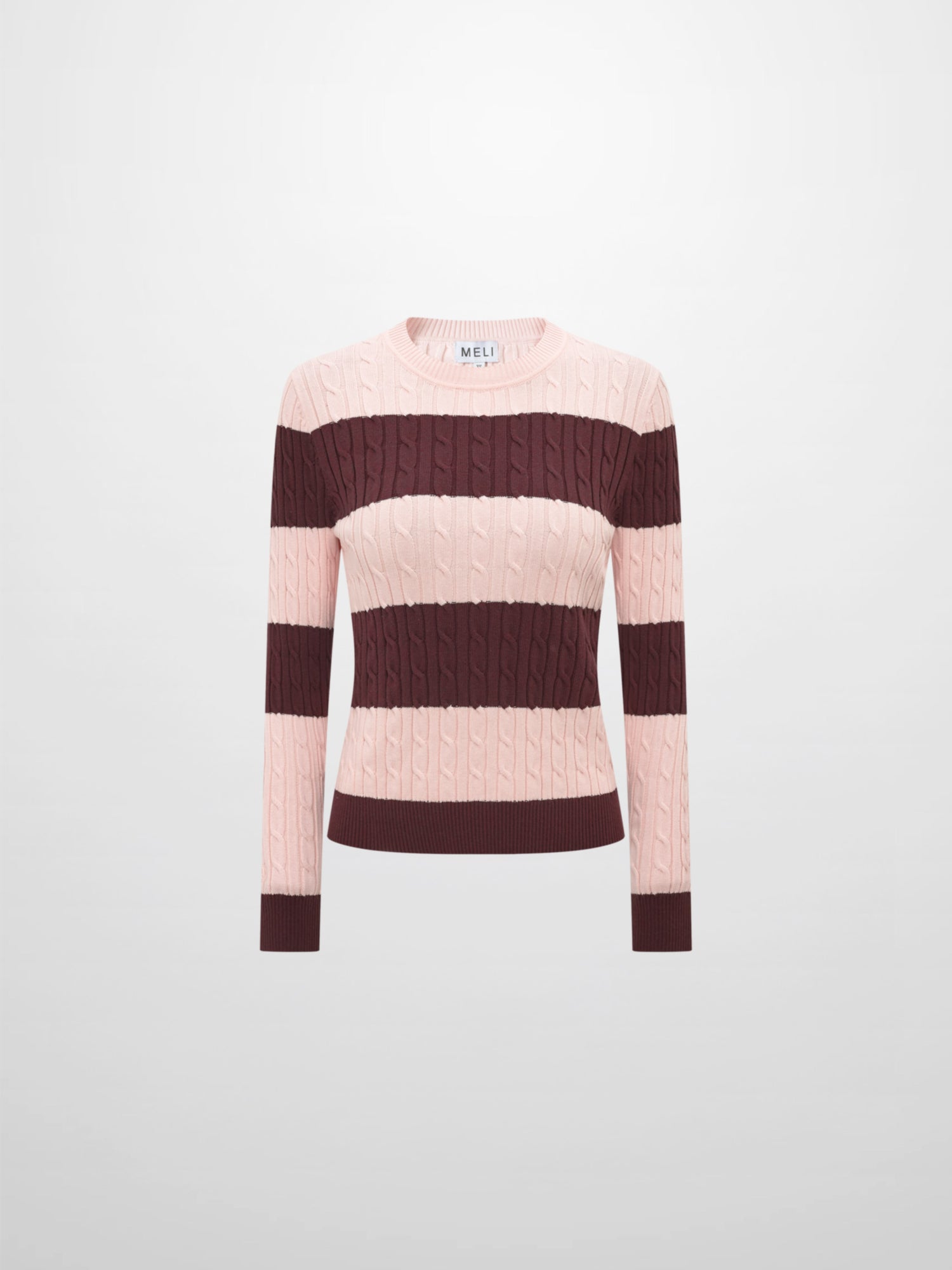 Wide Stripe Cable Knit Sweater -  Burgundy/Pink