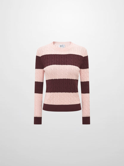 Wide Stripe Cable Knit Sweater -  Burgundy/Pink