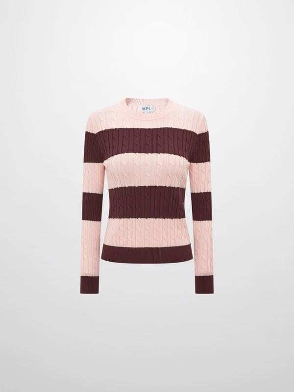 Wide Stripe Cable Knit Sweater -  Burgundy/Pink