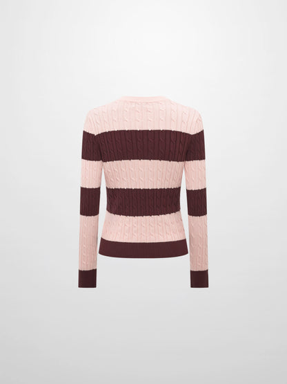 Wide Stripe Cable Knit Sweater -  Burgundy/Pink