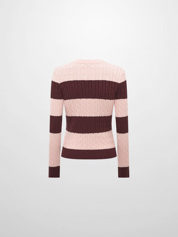 Wide Stripe Cable Knit Sweater -  Burgundy/Pink