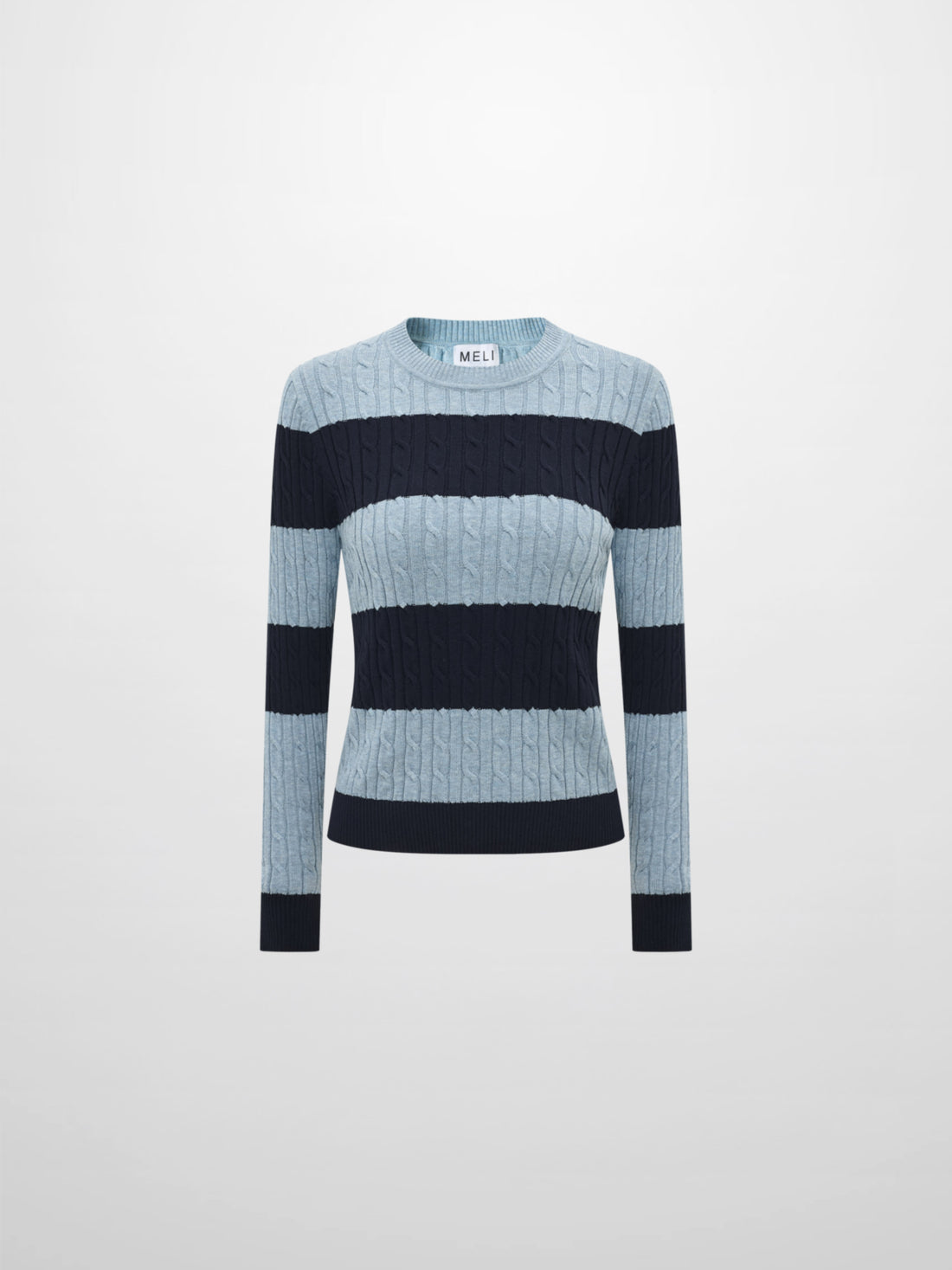 Wide Stripe Cable Knit Sweater - Navy/Heathered Blue