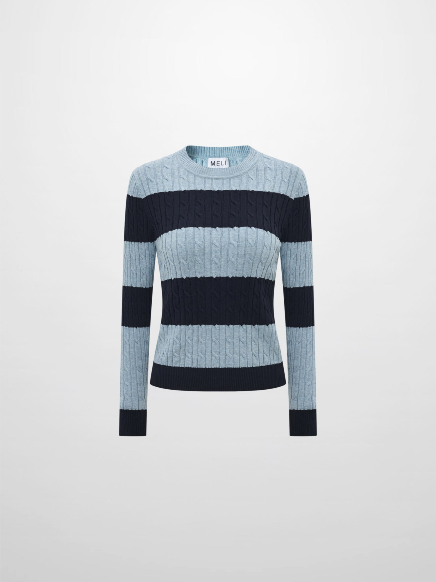 Wide Stripe Cable Knit Sweater - Navy/Heathered Blue