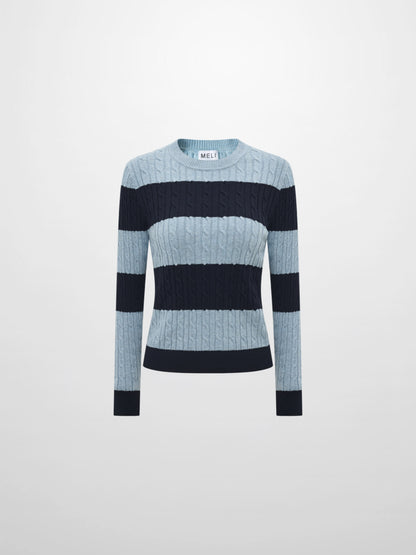 Wide Stripe Cable Knit Sweater - Navy/Heathered Blue