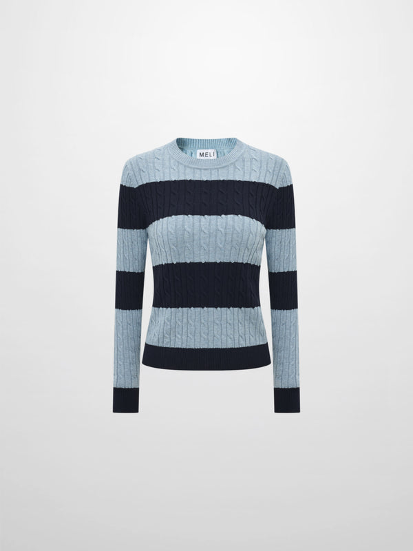 Wide Stripe Cable Knit Sweater - Navy/Heathered Blue