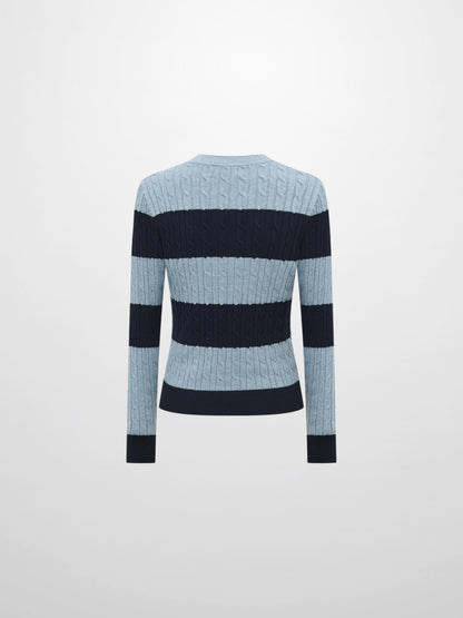 Wide Stripe Cable Knit Sweater - Navy/Heathered Blue