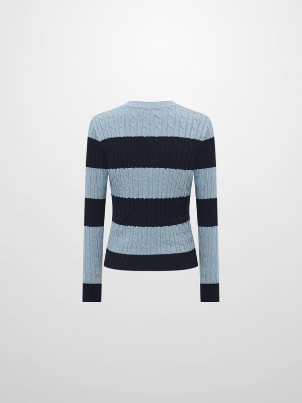 Wide Stripe Cable Knit Sweater - Navy/Heathered Blue