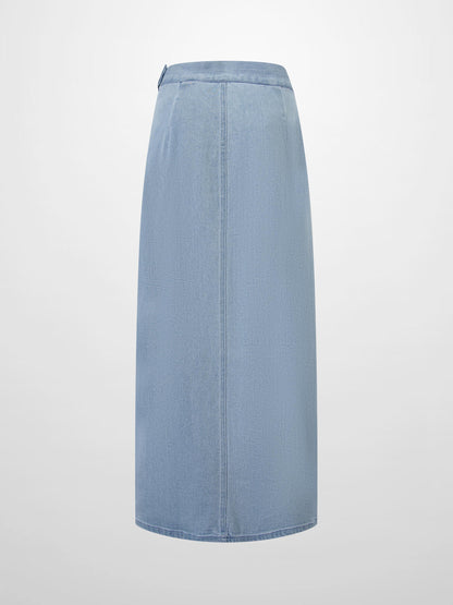 Seamed Straight Stretch Denim Skirt-Light Blue