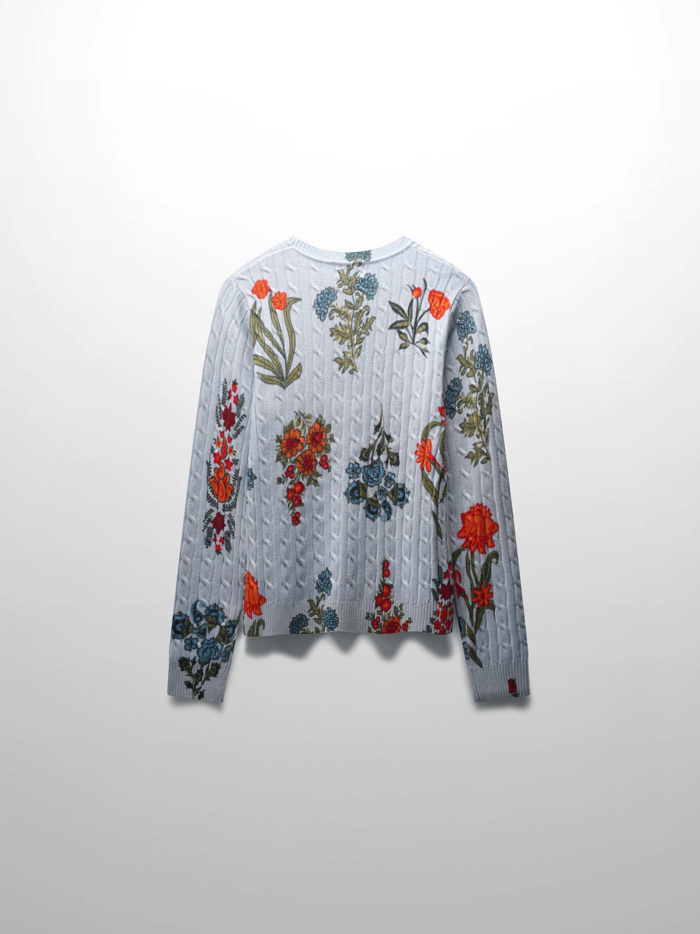 Printed Cable Knit Sweater-Light Blue Floral