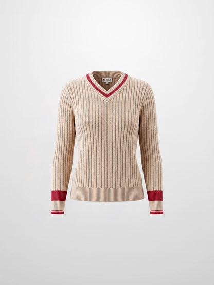 High V Waffle Sweater - Cream/Red
