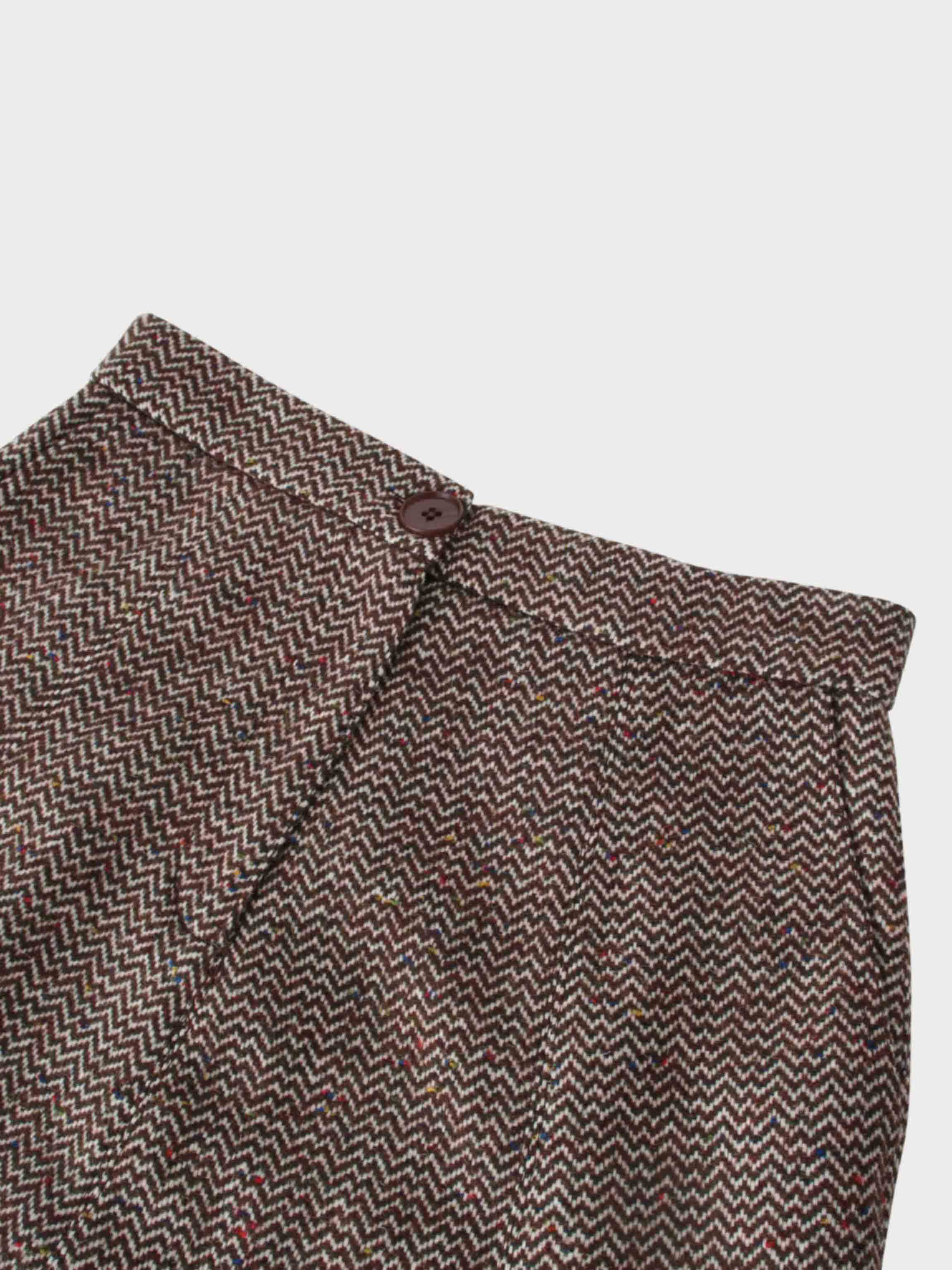 Button Front A-Line Skirt-Brown Herringbone