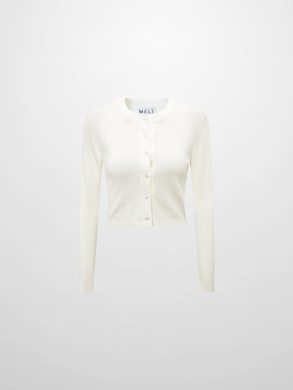 Basic Crew Knit Cardigan 17"- Cream