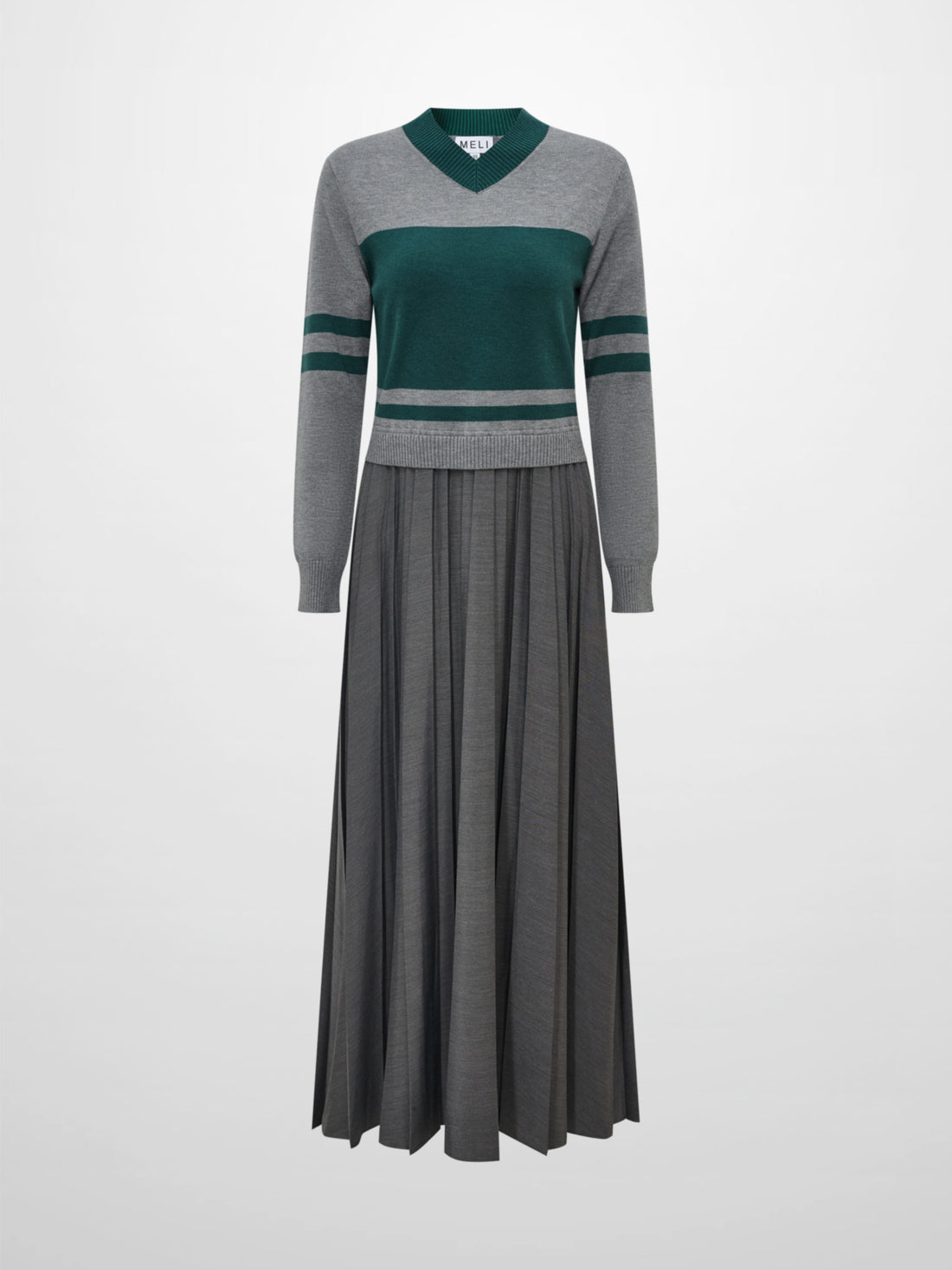 Sweater Top Pleated Dress - Grey/Green