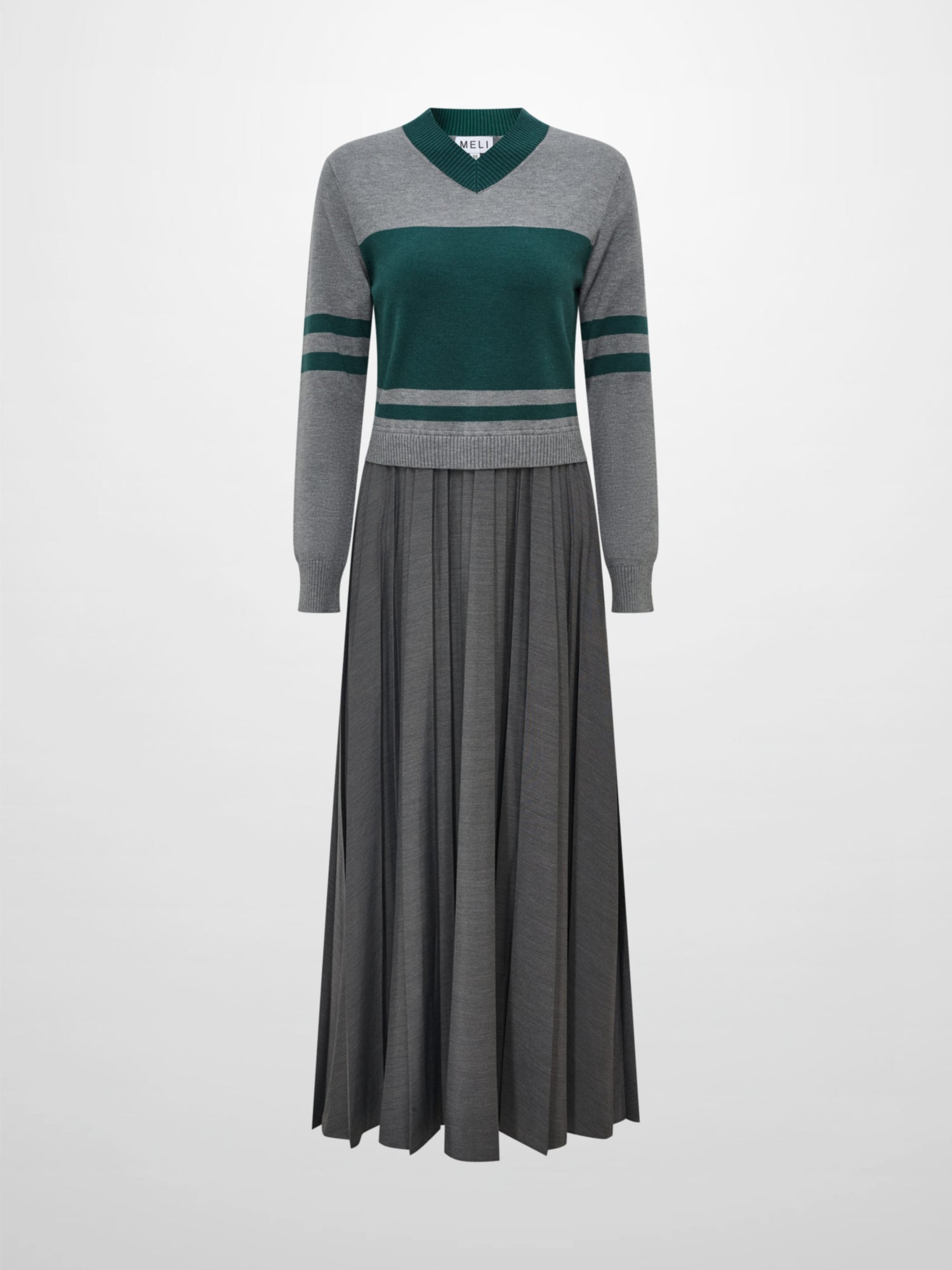 Sweater Top Pleated Dress - Grey/Green