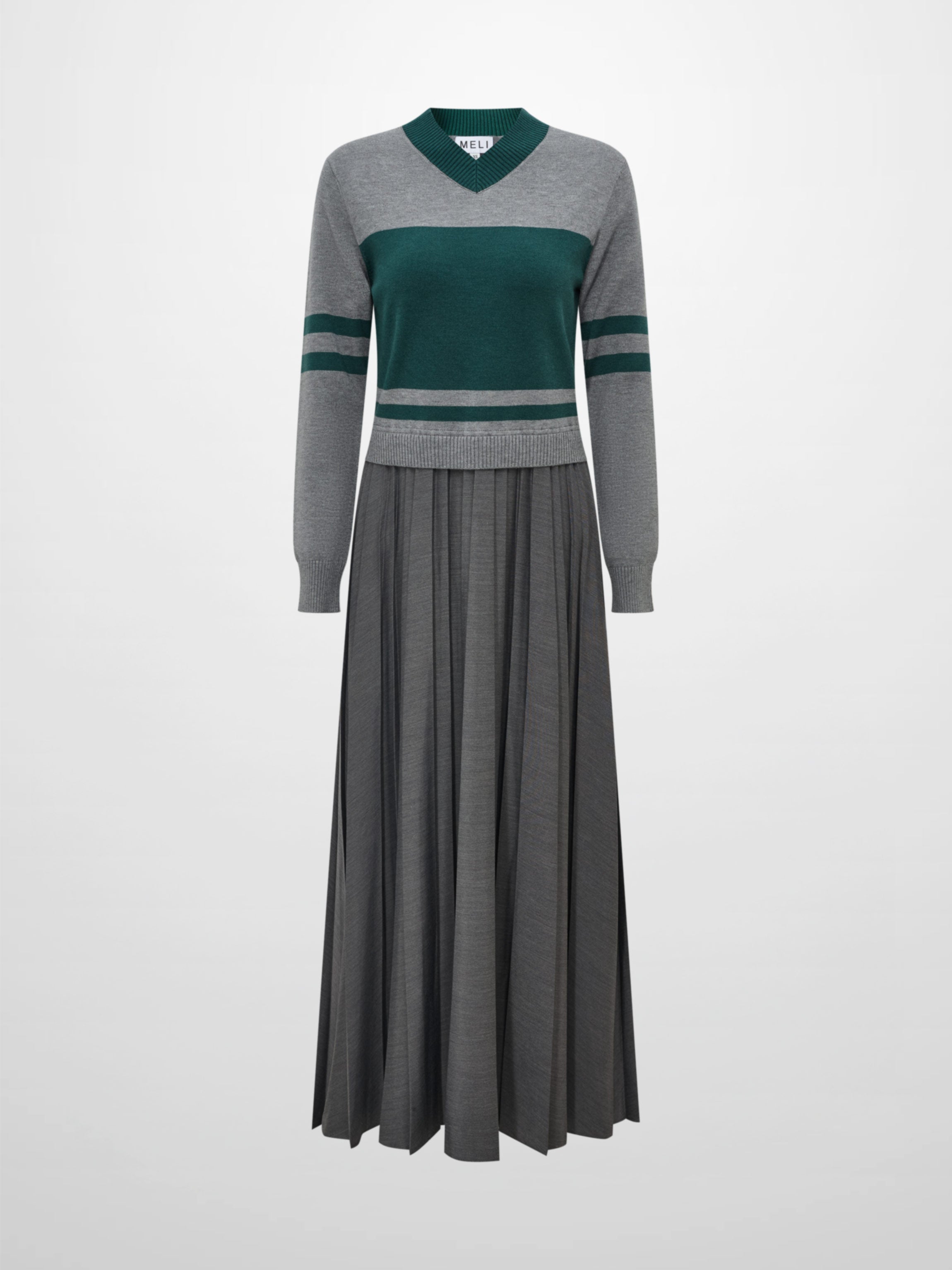 Sweater Top Pleated Dress - Grey/Green
