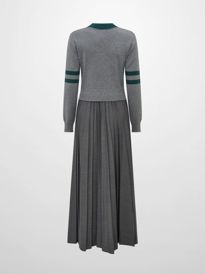 Sweater Top Pleated Dress - Grey/Green