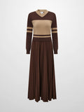 Sweater Top Pleated Dress - Brown/Tan