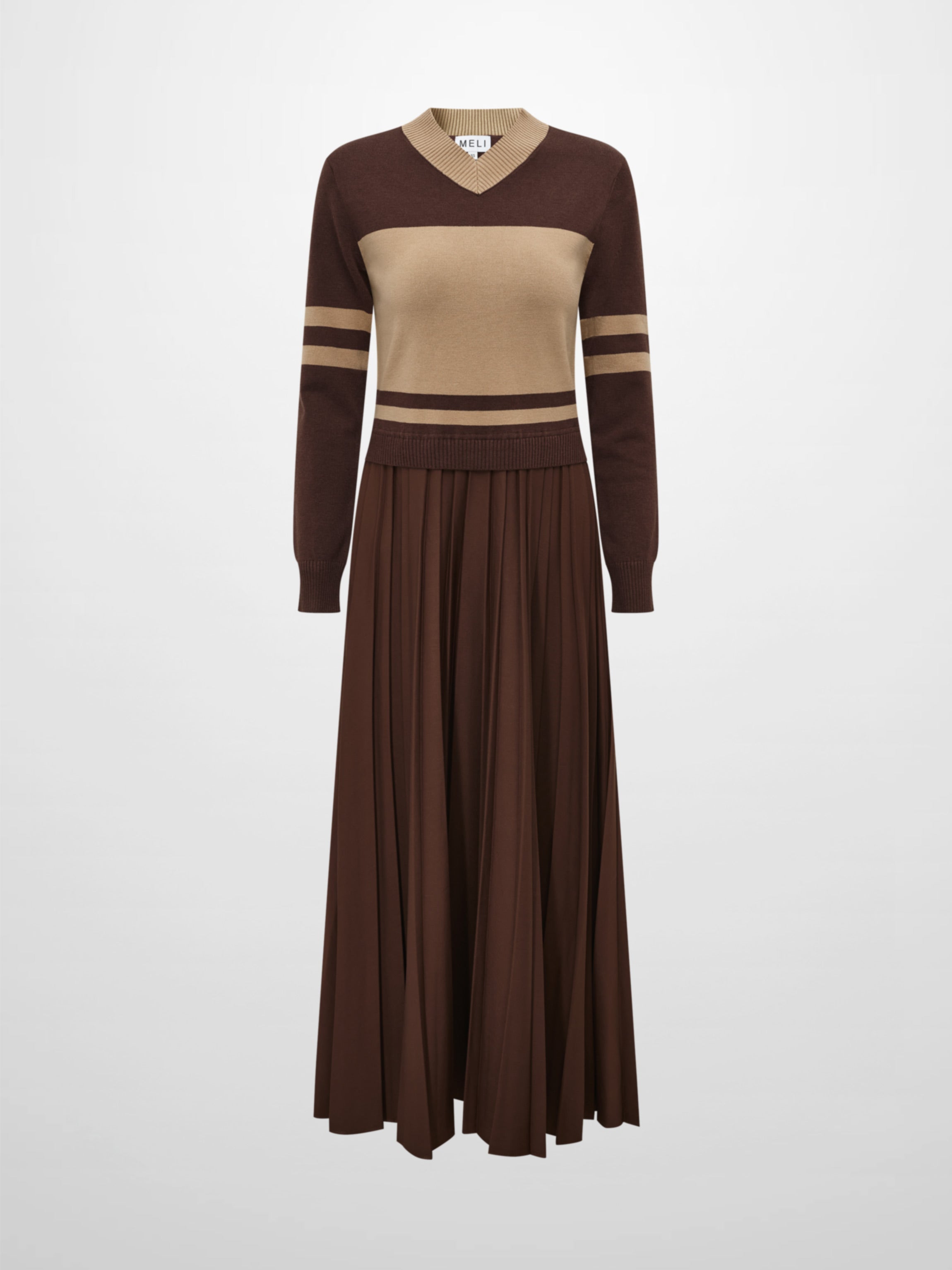 Sweater Top Pleated Dress - Brown/Tan