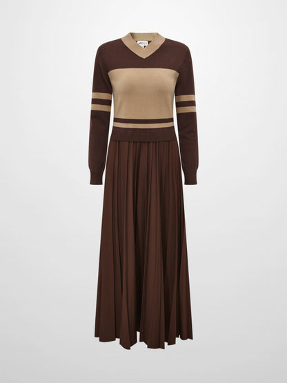 Sweater Top Pleated Dress - Brown/Tan