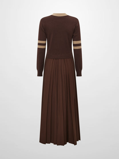 Sweater Top Pleated Dress - Brown/Tan