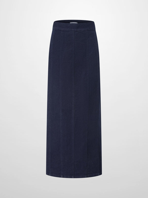 Seamed Straight Stretch Denim Skirt-Dark Blue