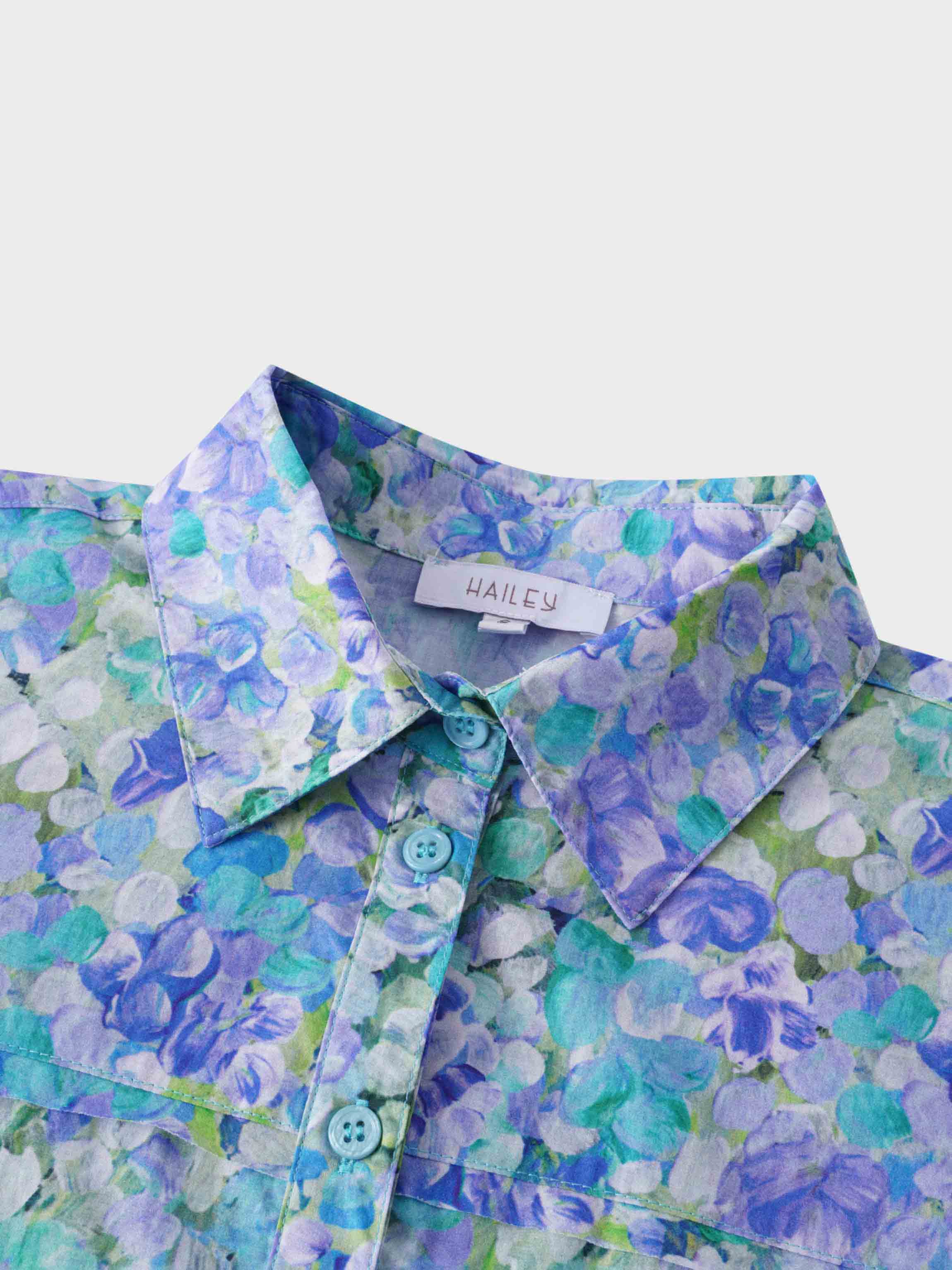 Rounded Hem Button Down Shirt-Aqua Mix