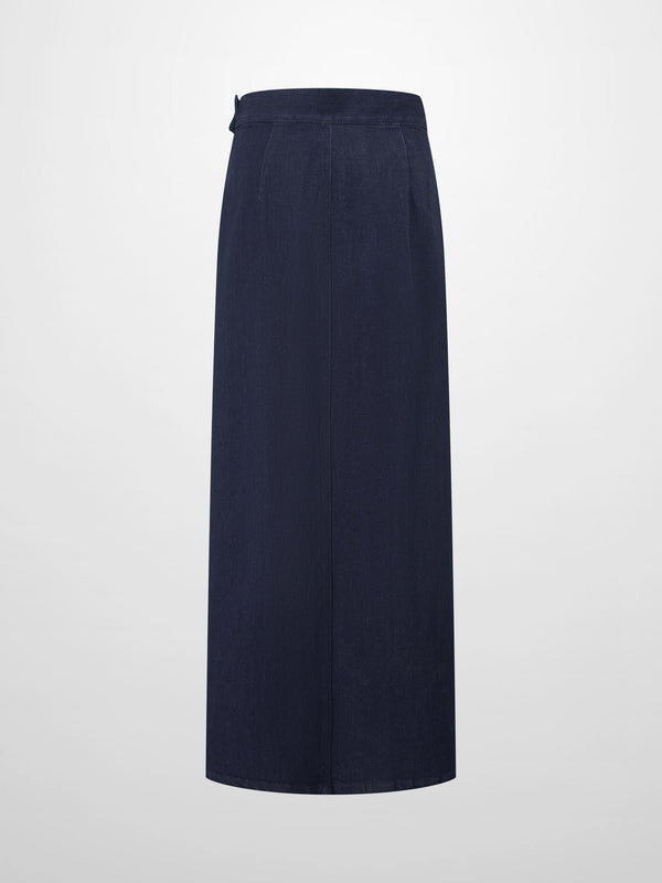 Seamed Straight Stretch Denim Skirt-Dark Blue