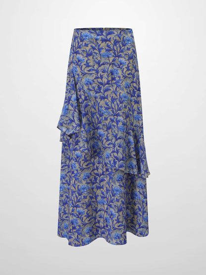 Asymmetrical Ruffle Skirt-Blue/Grey Vines