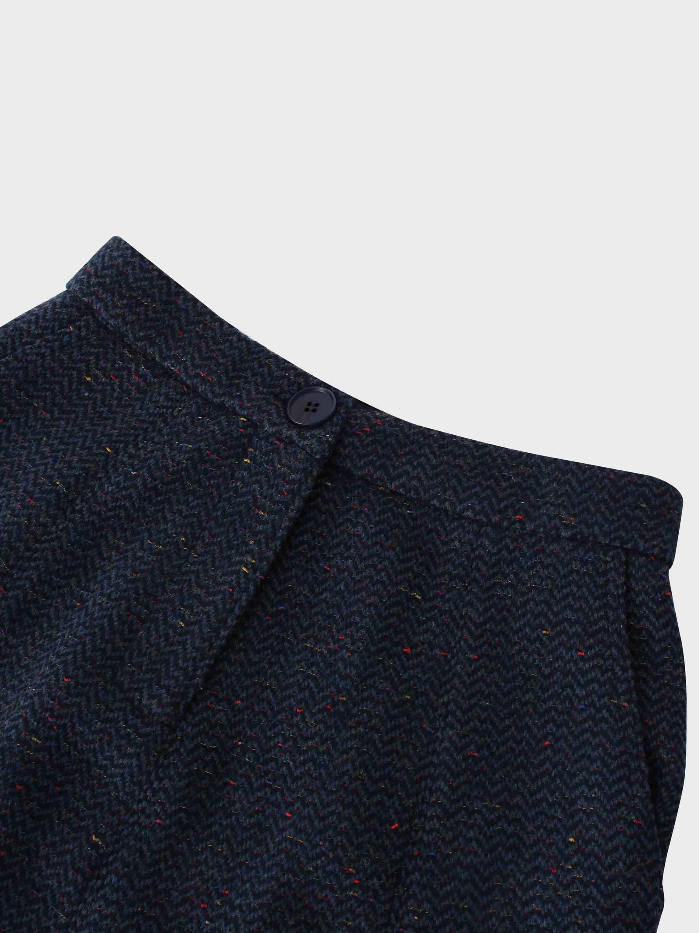 Button Front A-Line Skirt-Blue Herringbone