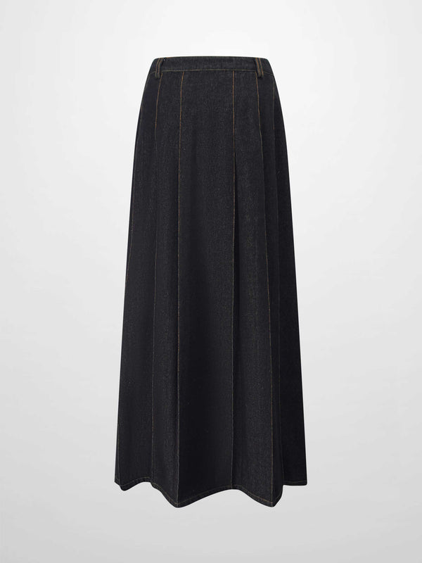Pleat Pocket Tab Denim Skirt-Black