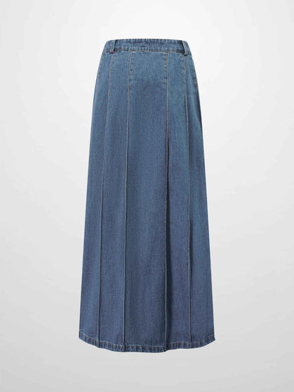 Pleat Pocket Tab Denim Skirt-Blue