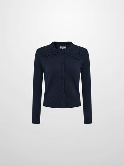 Scalloped Crochet Collar Cardigan - Navy