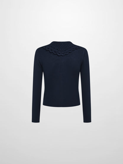 Scalloped Crochet Collar Cardigan - Navy