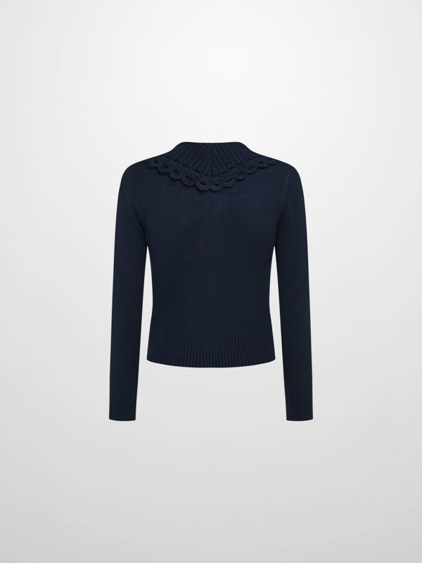 Scalloped Crochet Collar Cardigan - Navy