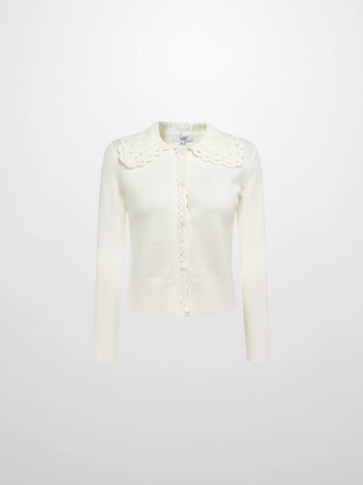 Scalloped Crochet Collar Cardigan - Cream