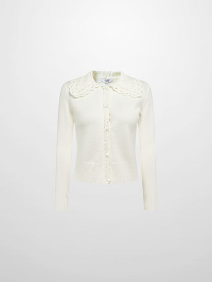 Scalloped Crochet Collar Cardigan - Cream