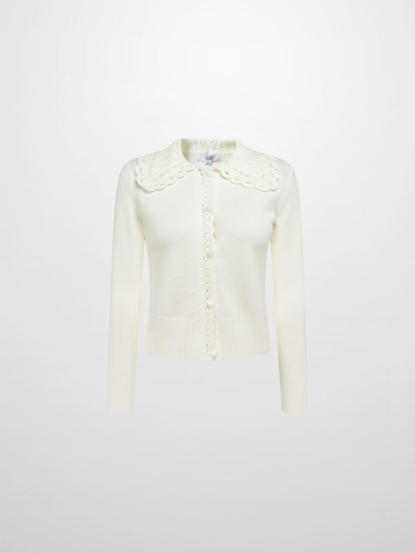 Scalloped Crochet Collar Cardigan - Cream