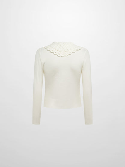 Scalloped Crochet Collar Cardigan - Cream