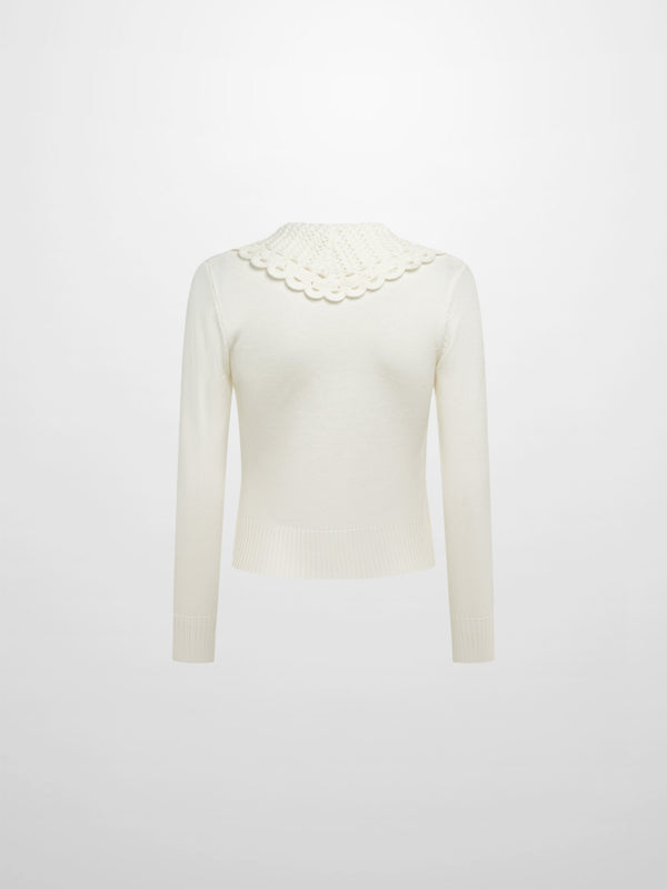 Scalloped Crochet Collar Cardigan - Cream