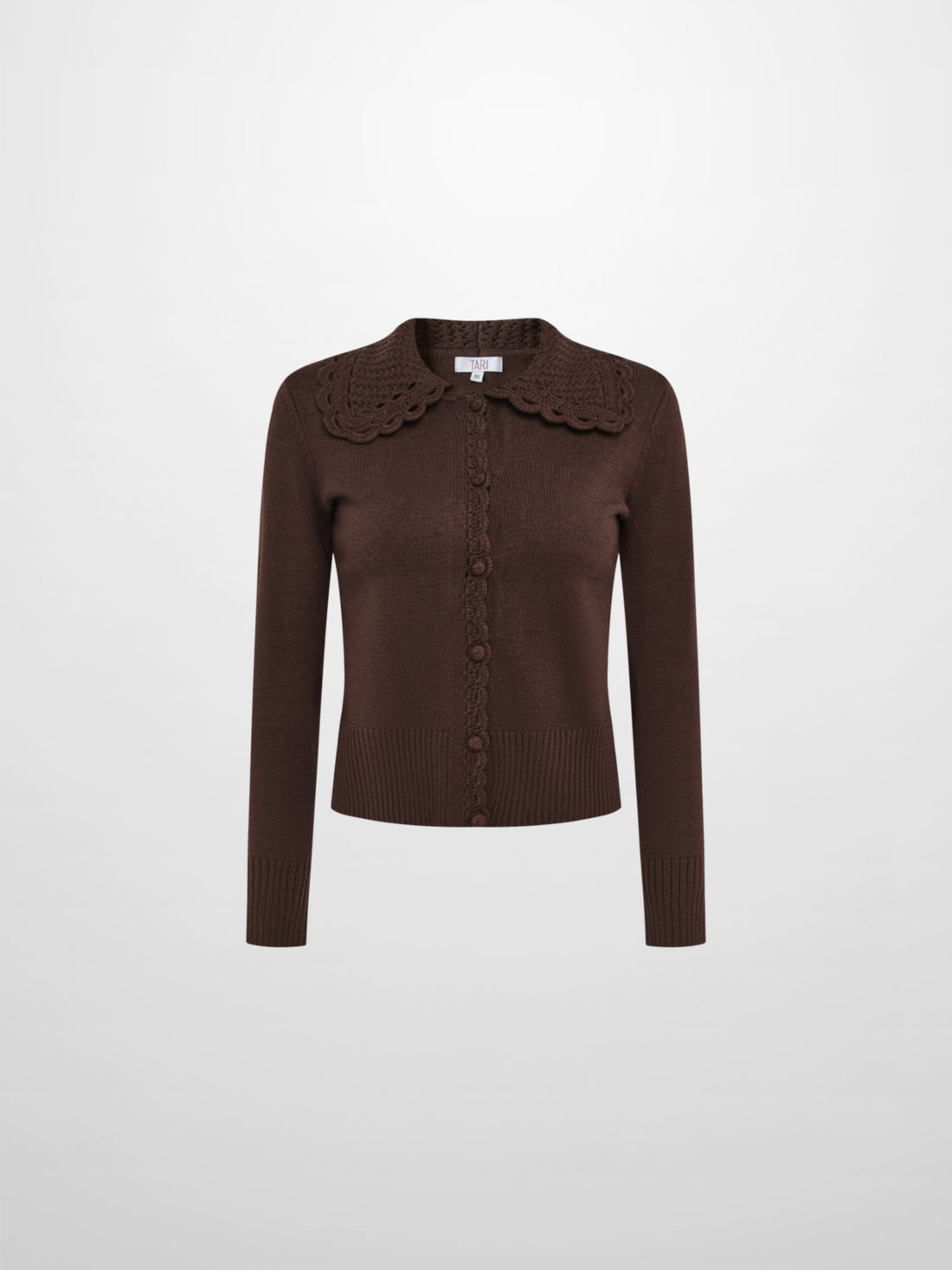 Scalloped Crochet Collar Cardigan - Brown