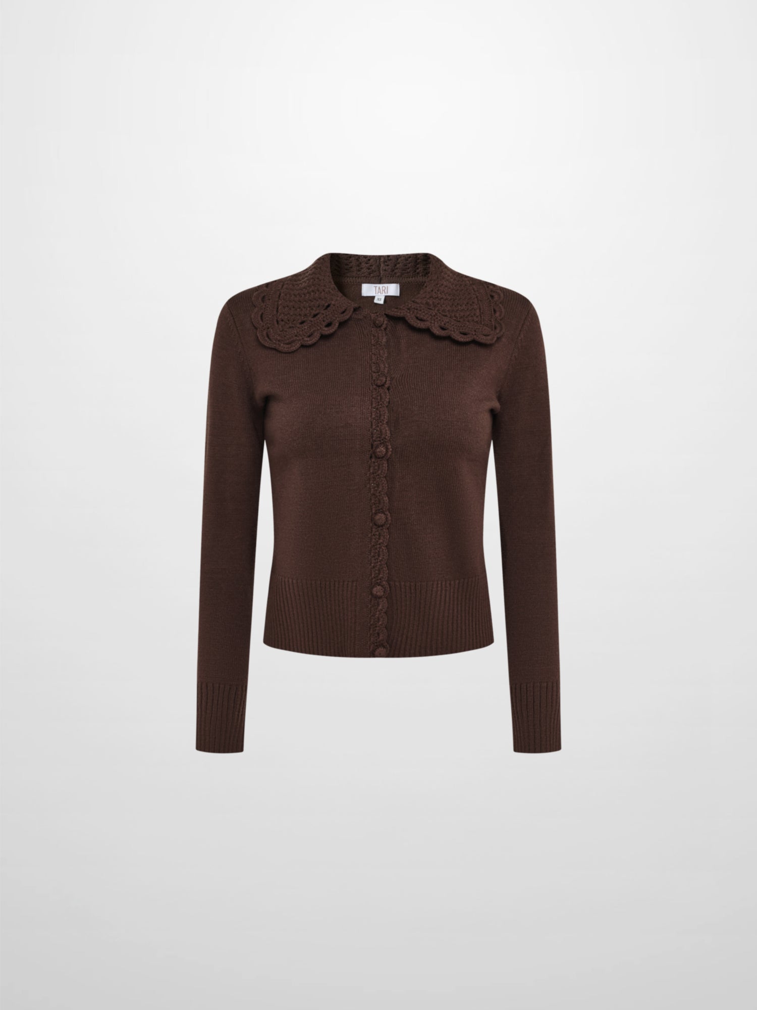 Scalloped Crochet Collar Cardigan - Brown