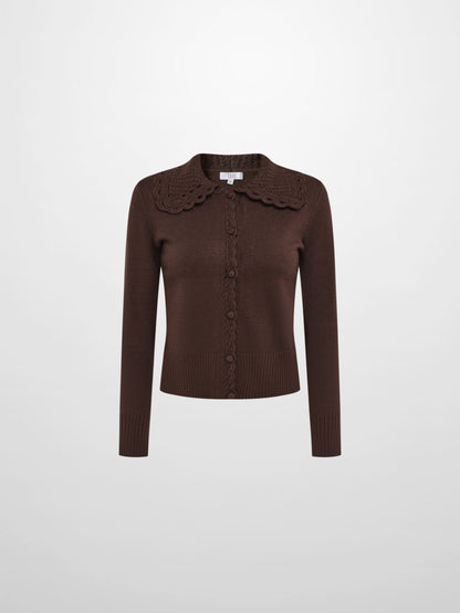Scalloped Crochet Collar Cardigan - Brown